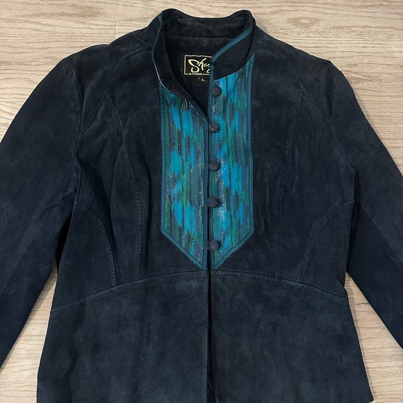 Vintage Sharif western women's suede jacket navy with turquoise accent - Picture 3 of 8